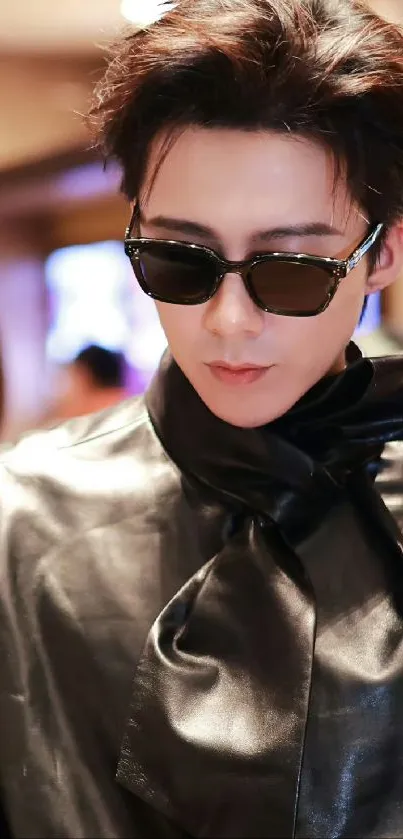 Stylish individual in black leather with sunglasses.