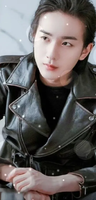 Person in a black leather jacket with a stylish background.