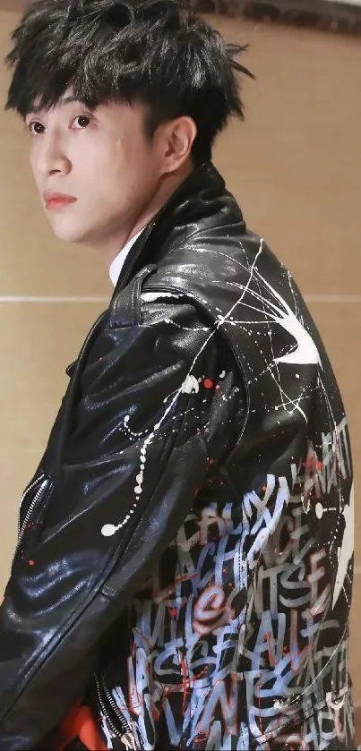 Person wearing a black leather jacket with graffiti design.