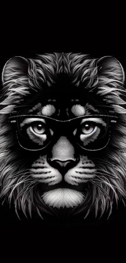 Black and white lion wearing sunglasses mobile wallpaper.