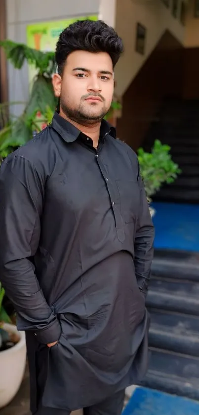 Man in a stylish black outfit standing confidently.