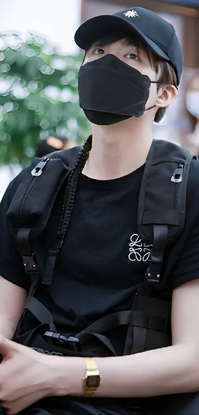 Person in black outfit with face mask and cap.