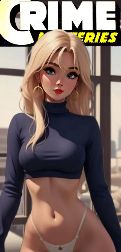 Anime wallpaper featuring stylish blonde with navy blue outfit.