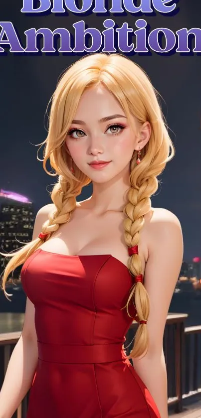 Blonde character in red dress with city background.