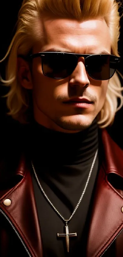 Blonde individual in leather jacket and sunglasses, exuding style.