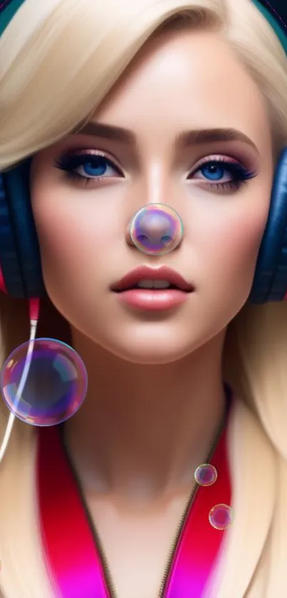 Stylish blonde with vibrant headphones and colorful bubbles.