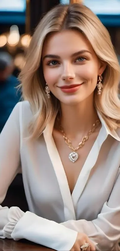 Stylish woman with blonde hair in a white blouse, smiling gracefully.