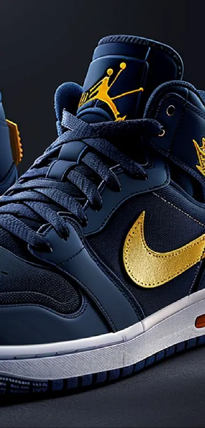 Close-up of stylish blue and gold sneakers against a dark background.