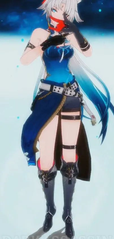 Anime warrior in blue attire, striking pose.