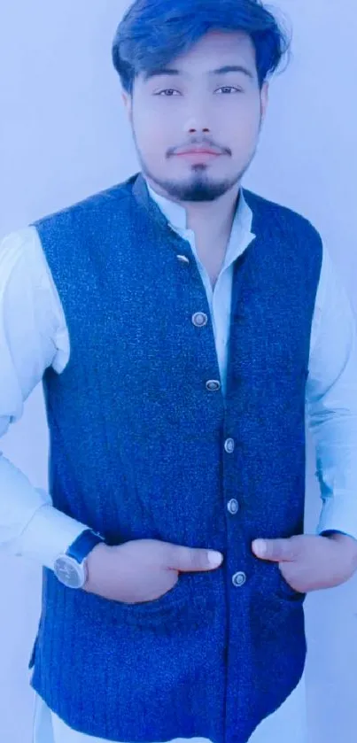 Man in blue vest with light blue background.
