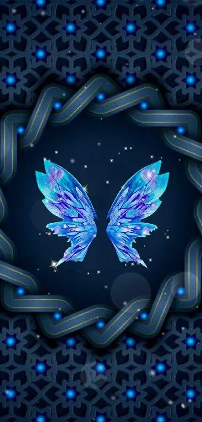 Elegant blue butterfly with geometric background.