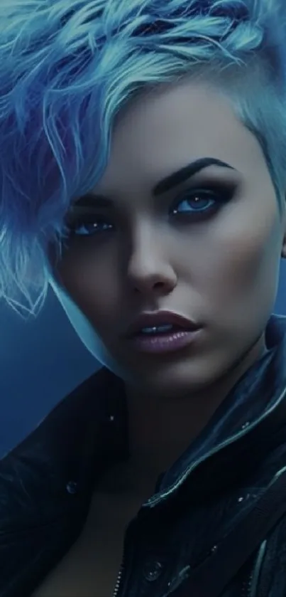 Futuristic portrait with blue hair and edgy style in dark background.