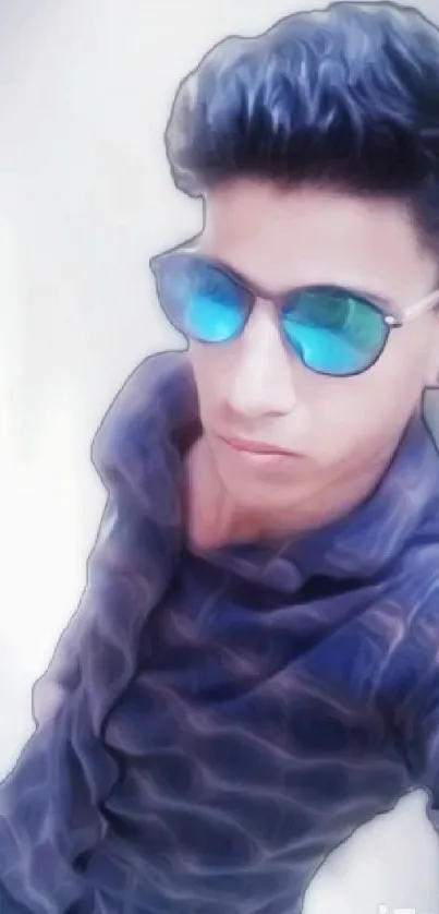 Stylized portrait with blue shirt and sunglasses.