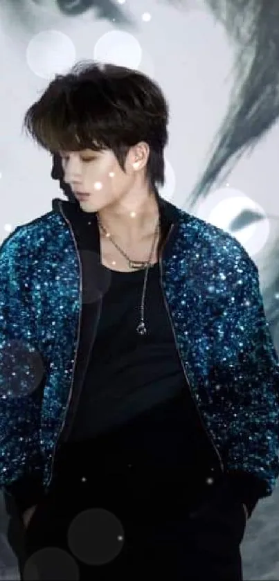 Man in a blue glitter jacket with a stylish background.