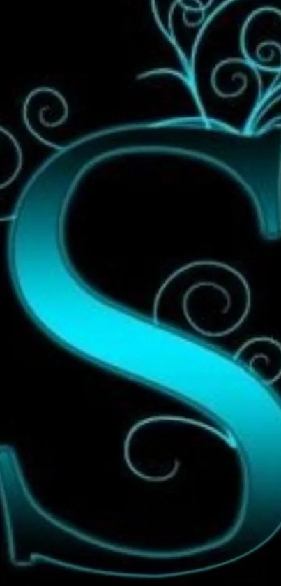 Elegant turquoise blue letter S with artistic swirls on dark background.