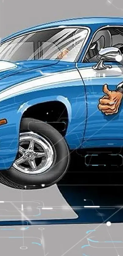 Illustration of a blue muscle car with wheels on fire on a gray background.