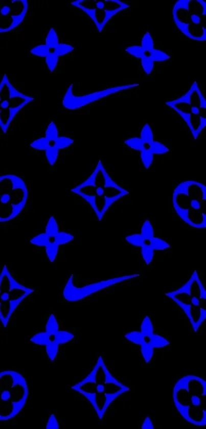 Blue and black pattern with iconic symbols creates a stylish mobile wallpaper.