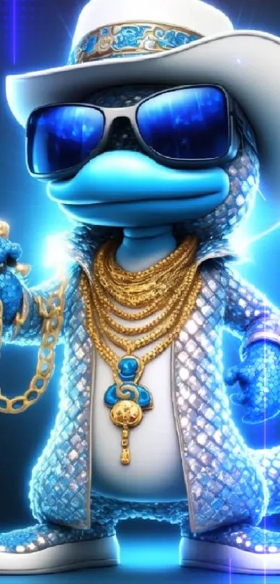 A blue reptile with sunglasses and gold chains styled in a shiny outfit.