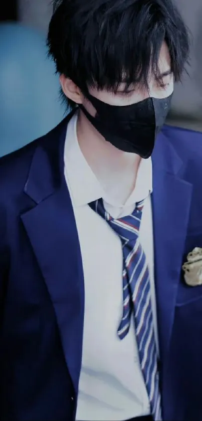 Young man in dark blue suit with mask and tie.