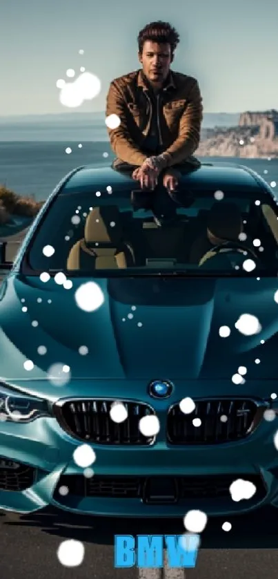 Man sitting on a blue BMW by a coastal road.