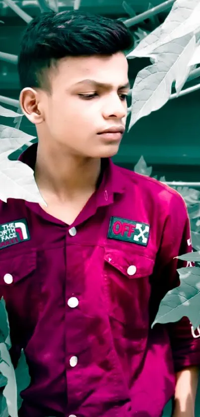 Young boy with dark red shirt and lush green leaves background.