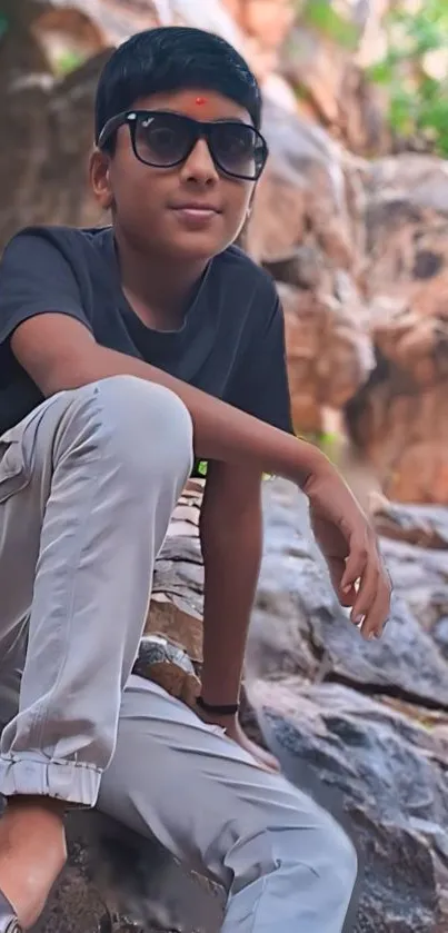 Stylish boy in sunglasses resting on rocks.