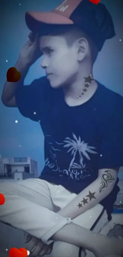 Young boy with tattoos and hearts on a blue background.