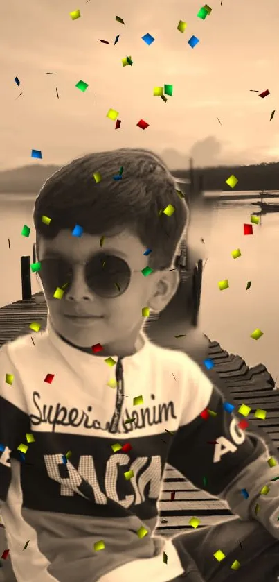 Stylish kid with sunglasses on dock with confetti.