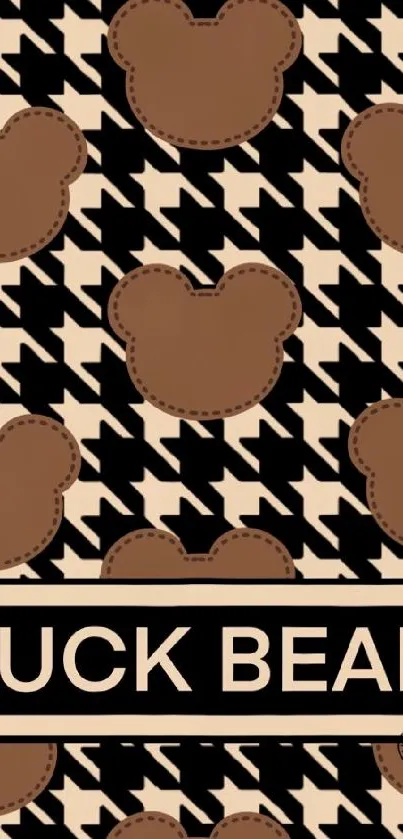 Brown bear silhouette on houndstooth pattern wallpaper.