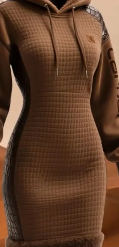 Brown quilted hoodie dress in fashion wallpaper.