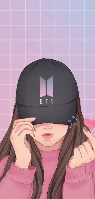 Illustration of girl with BTS cap on pink and blue gradient background.