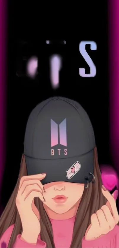 Stylish BTS fan wallpaper with pink aesthetic and cap-wearing girl.