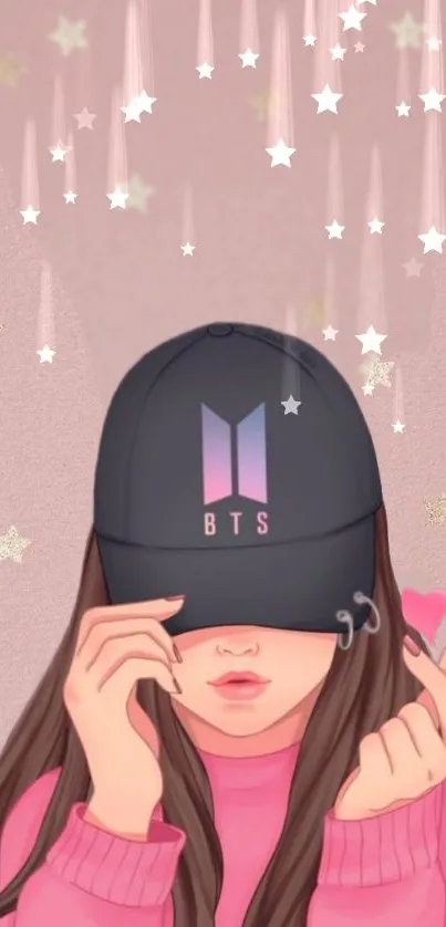 BTS girl in cap with stars on pastel pink background.