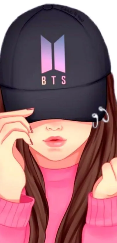 Illustration of a girl in a BTS cap with pink outfit and heart gesture.