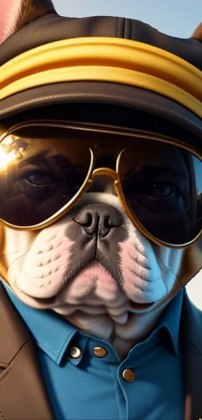 Stylish bulldog wearing sunglasses and a hat, adding character to your phone screen.