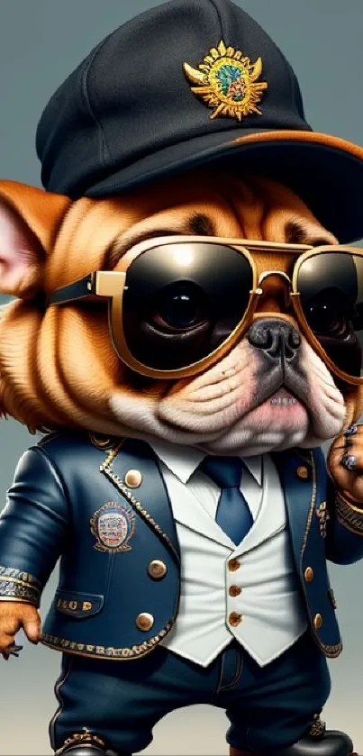 Bulldog dressed as an officer in navy suit and sunglasses with stylish cap.