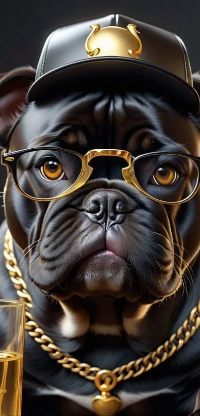 Fashionable bulldog with glasses and gold chain.