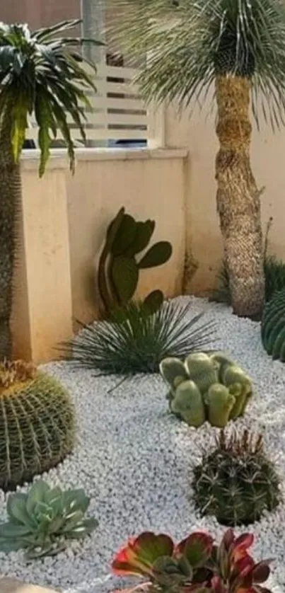 Cactus garden with diverse plants and light green hues.