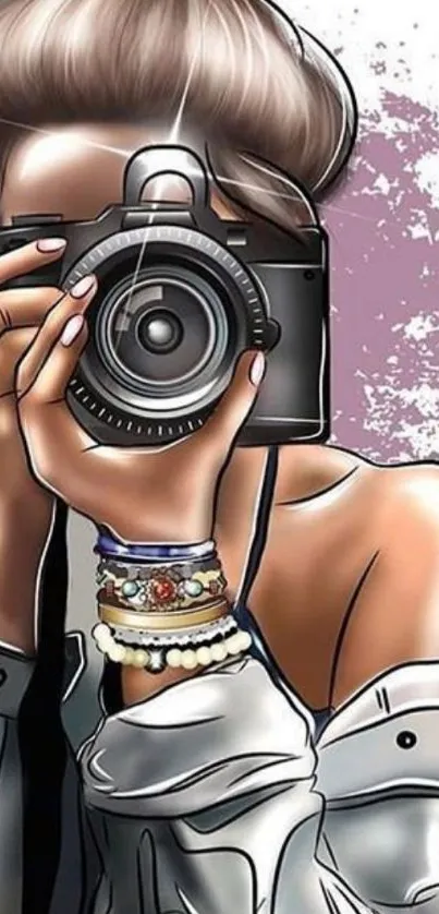 Artistic illustration of a woman holding a camera in a stylish design wallpaper.