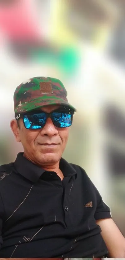 Man with camouflage cap and sunglasses in relaxed pose.