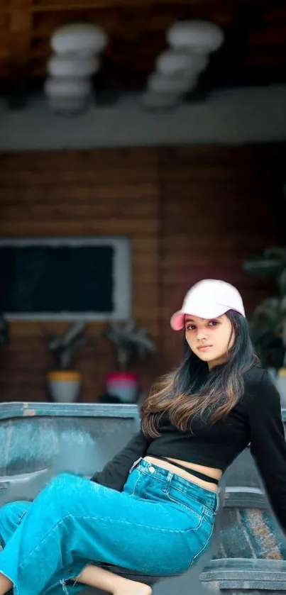 Young woman in denim with pink cap, outdoor setting.