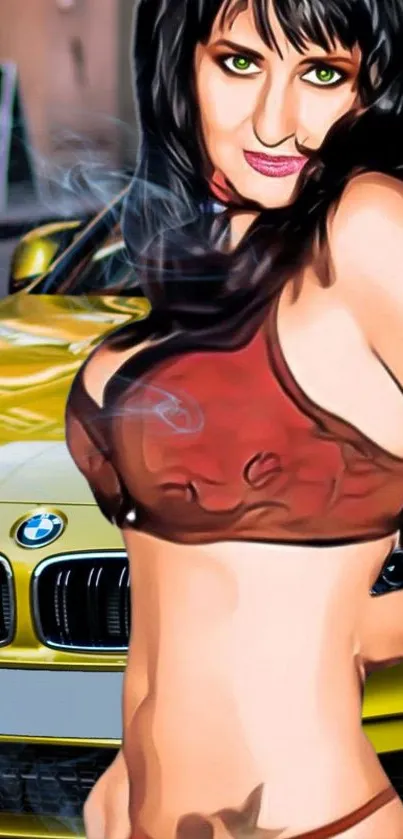 Digital art of a model with a yellow sports car in the background.