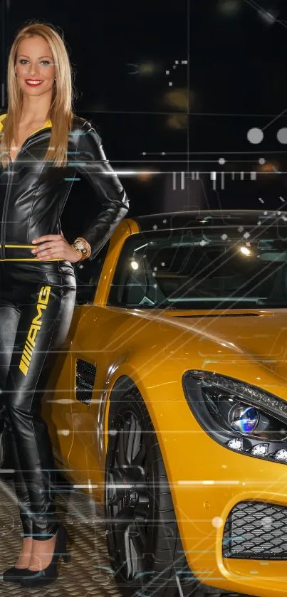 Model posing with sleek yellow sports car at auto show.