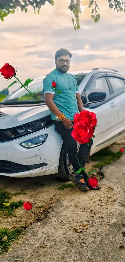 Man with car and red roses in nature.