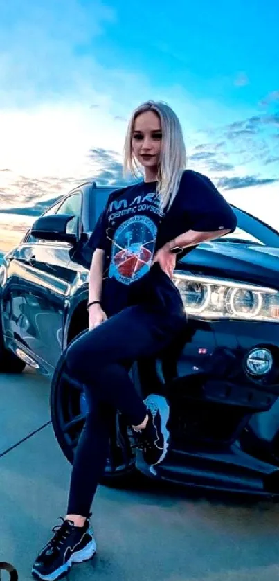 Stylish woman poses beside a sleek car under a vibrant blue sky.