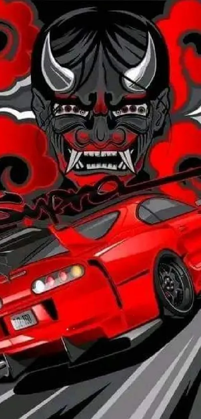 Stylized red car with demon mask in graphic art design.