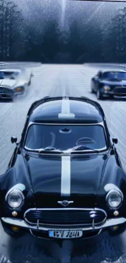 Trio of classic cars on a scenic road.