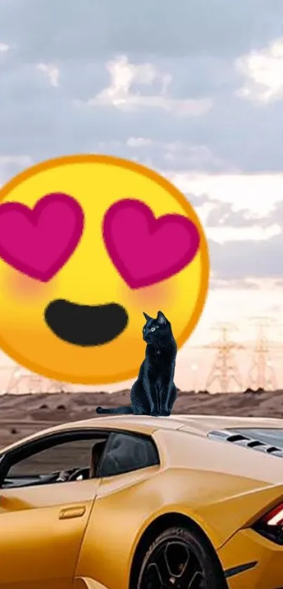 Yellow car with black cat and heart-eyed emoji under sky.