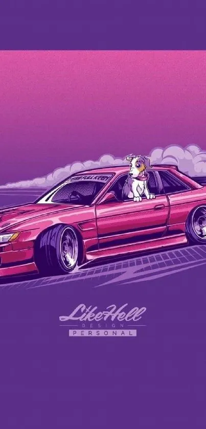 Purple wallpaper with red car and unicorn art.