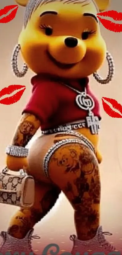 Stylish cartoon bear in red hoodie with tattoos and accessories.